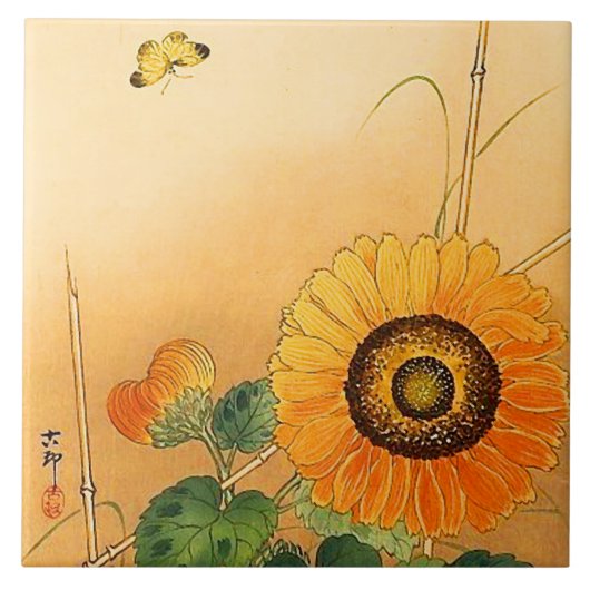 SUNFLOWER, BUTTERFLY, GRÜNE BLÄTTER Japanisches Bl Fliese (Vorderseite)