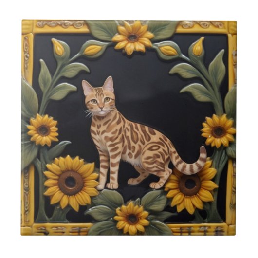 Sunflower Cats - Bengal Cat & Yellow Sunflowers Fliese (Vorderseite)