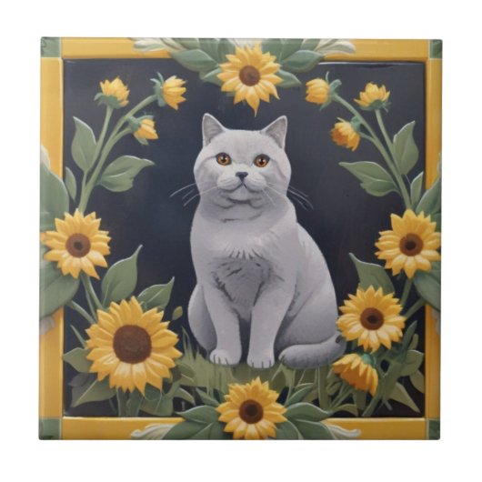 Sunflower Cats - Grey Cat & Yellow Sunflowers Fliese (Vorderseite)