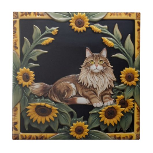 Sunflower Cats - MaineCoon Cat & Yellow Sunflowers Fliese (Vorderseite)