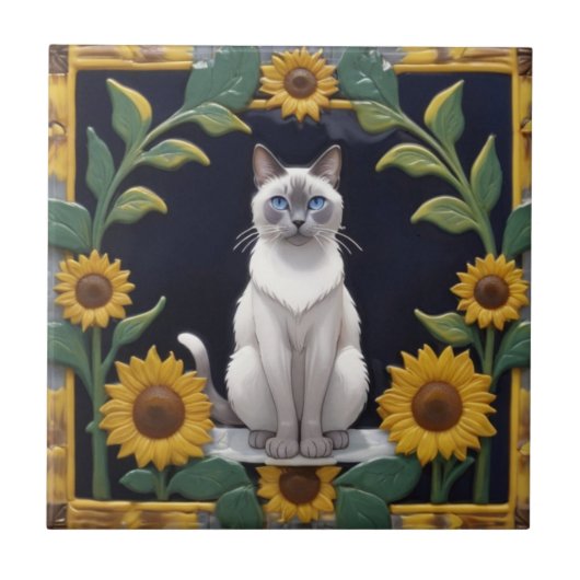 Sunflower Cats - Siamese Cat & Yellow Sunflowers Fliese (Vorderseite)
