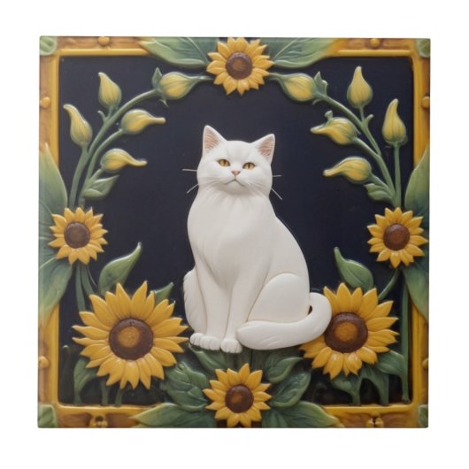 Sunflower Cats - White Cat & Yellow Sunflowers Fliese (Vorderseite)