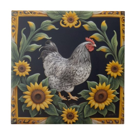 Sunflower Chicken - Gray Hen & Sunflowers Fliese (Vorderseite)