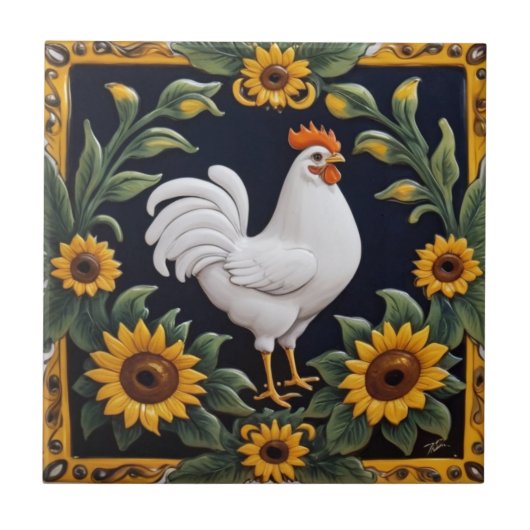 Sunflower Chicken - White Hen & Yellow Sunflowers Fliese (Vorderseite)