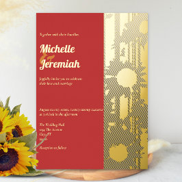 Sunflower Coral Sunset Modern Wedding Gold Folieneinladung