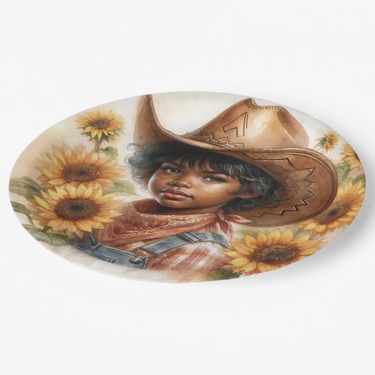 Sunflower Cowgirl Black Child Watercolor Pappteller (Schrägansicht)