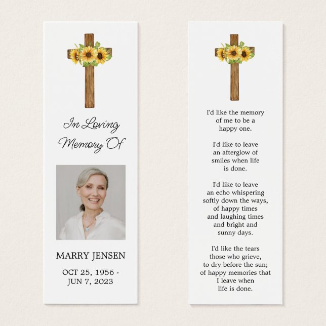 Sunflower Cross Photo Funeral Bookmark (Vorne & Hinten)