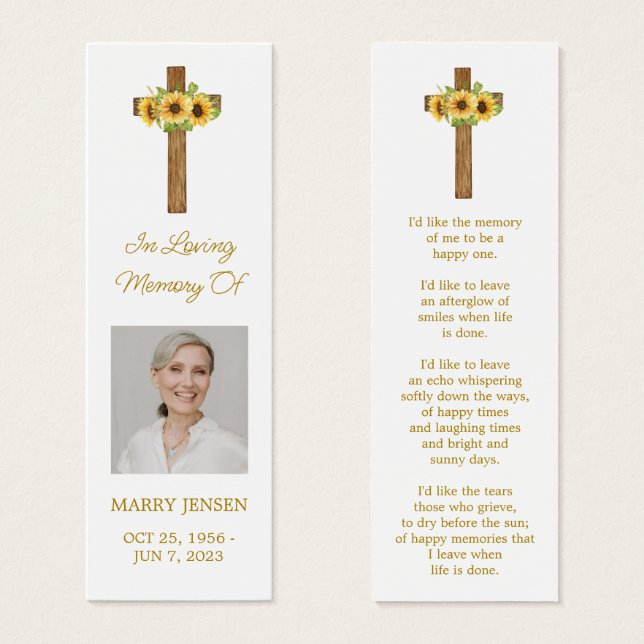 Sunflower Cross Photo Funeral Bookmark (Vorne & Hinten)