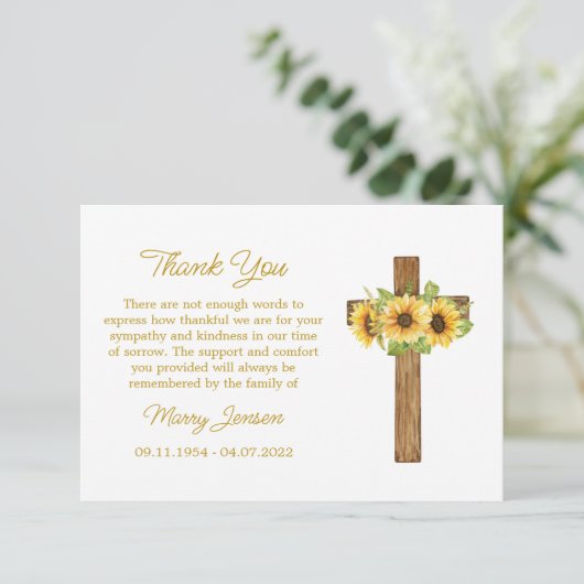 Sunflower Cross Sympathy Thank You Card Dankeskarte (Stehend Vorderseite)