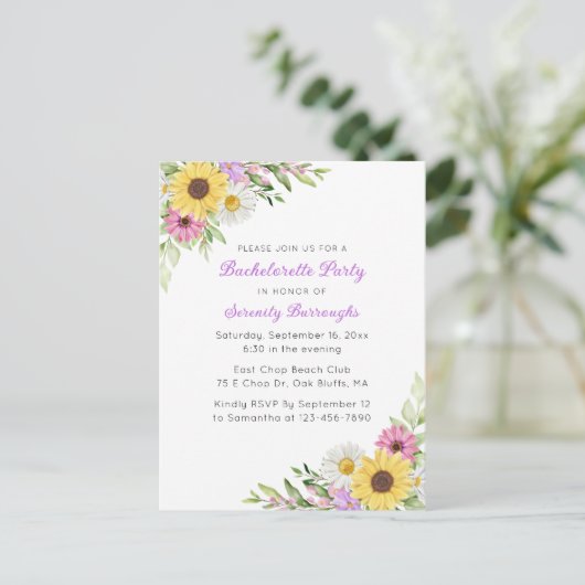 Sunflower Daisy Boho Spring  Garden Bachelorette Einladungspostkarte (Stehend Vorderseite)