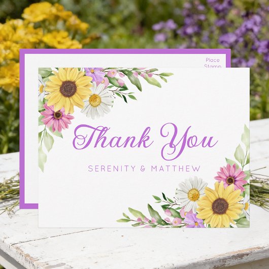 Sunflower Daisy Garden Floral Wedding Thank You Postkarte