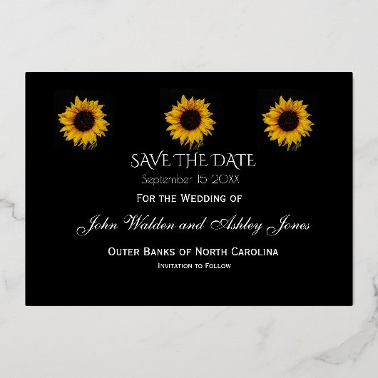 Sunflower Droplets Save The Date Foil Postcard Folieneinladung (Vorderseite)