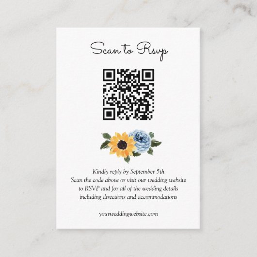 Sunflower Dusty Blue Rustic Wedding QR Code UAWG Begleitkarte (Vorderseite)