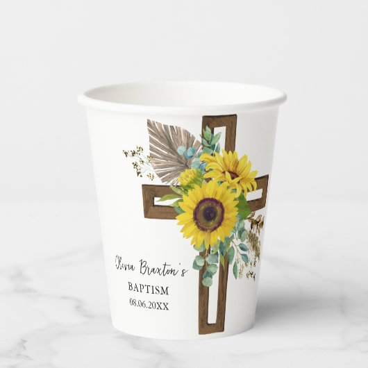 Sunflower & Eucalyptus Boho Cross Baptism Pappbecher (Vorderseite)