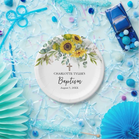 Sunflower & Eucalyptus Boho Cross Baptism Pappteller (Party)