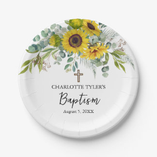 Sunflower & Eucalyptus Boho Cross Baptism Pappteller