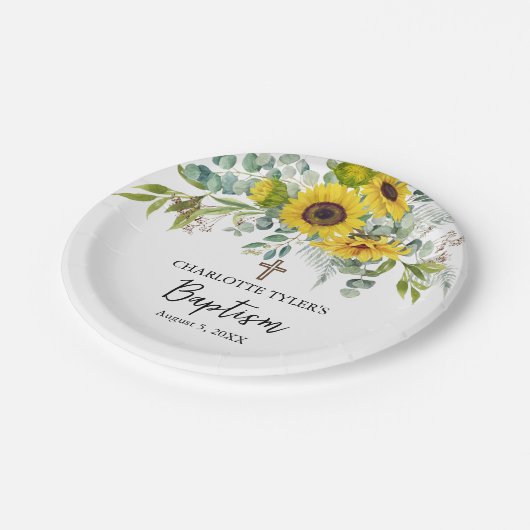 Sunflower & Eucalyptus Boho Cross Baptism Pappteller (Schrägansicht)