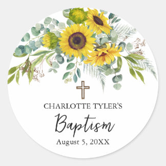 Sunflower & Eucalyptus Boho Cross Baptism Runder Aufkleber