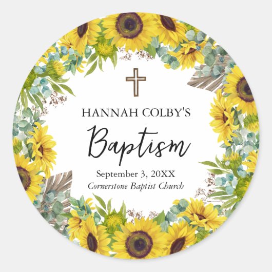 Sunflower & Eucalyptus Boho Cross Baptism Runder Aufkleber (Vorderseite)