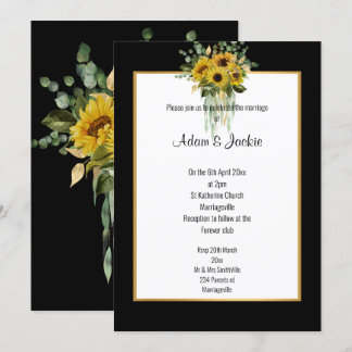 SUNFLOWER EUCALYPTUS GOLD TRIM ELEGANT WEDING BLK EINLADUNG