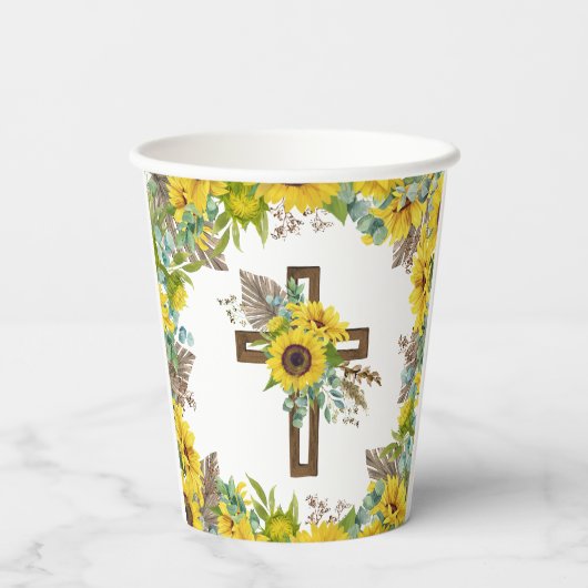 Sunflower Eucalyptus Palm Boho Cross Baptism Pappbecher (Rückseite)