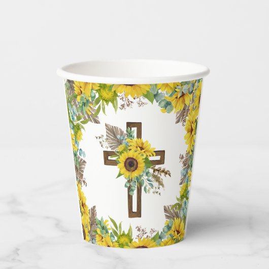 Sunflower Eucalyptus Palm Boho Cross Baptism Pappbecher (Vorderseite)