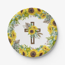 Sunflower Eucalyptus Palm Boho Cross Baptism Pappteller