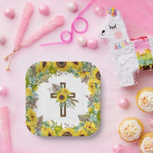 Sunflower Eucalyptus Palm Boho Square Baptism Pappteller (Party)
