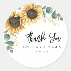 Sunflower Eucalyptus Wedding Script Vielen Dank Runder Aufkleber