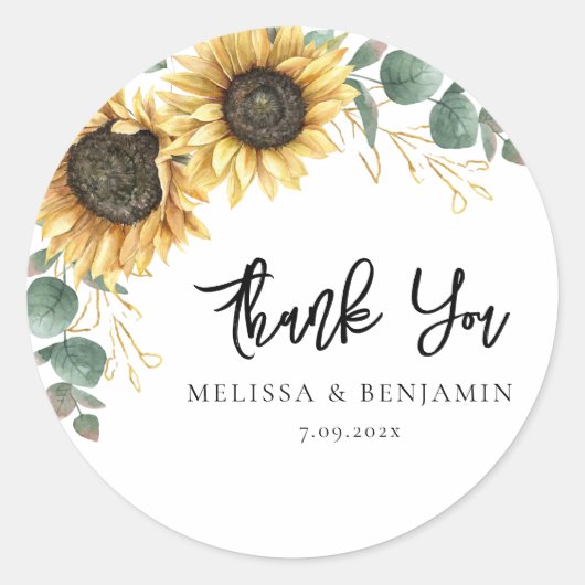 Sunflower Eucalyptus Wedding Script Vielen Dank Runder Aufkleber (Vorderseite)