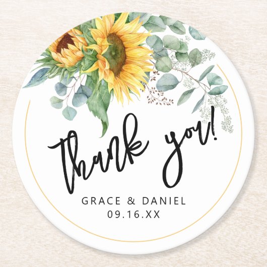 Sunflower Eukalyptus Vielen Dank Gastgeschenk Hoch Runder Pappuntersetzer (Vorderseite)
