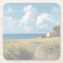 Sunflower Field Path to the Sea | Acrylic   Rechteckiger Pappuntersetzer