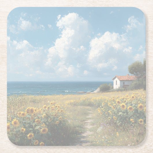 Sunflower Field Path to the Sea | Acrylic   Rechteckiger Pappuntersetzer (Vorderseite)