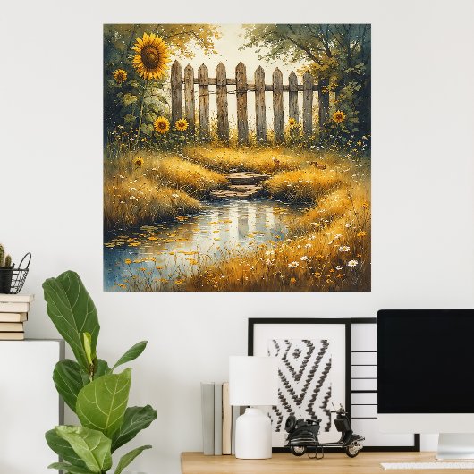 Sunflower Field With Rustic Fence Poster (Heimbüro)