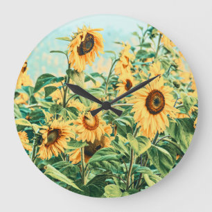 Sunflower Field Yellow Teal Floral Art Design Große Wanduhr