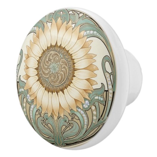 Sunflower Flower Green Cream Gold Art Deco Nouveau Keramikknauf (Rechts)