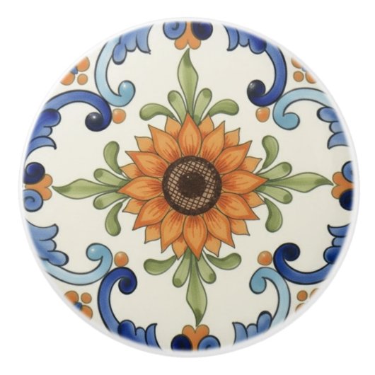 Sunflower Flower Mediterranean Blue Orange  Cream Keramikknauf (Vorderseite)