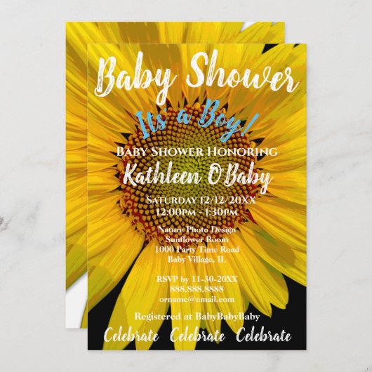 SUNFLOWER FOTO BABY BOY SHOWER EINLADUNG (Vorne/Hinten)