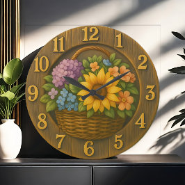 Sunflower Garden Basket Wooden Wall Clock Große Wanduhr