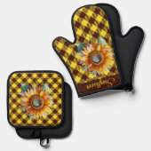 "Sunflower" Gingham Ofenhandschuh & Topflappen-Set (Vorderseite/Rückseite)