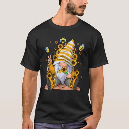 Sunflower Gnome With Bee  Hippie Gnome For Flower  T-Shirt (Vorderseite)