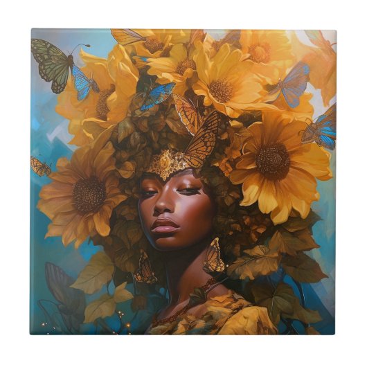 Sunflower Goddess Fantasy Art Fliese (Vorderseite)