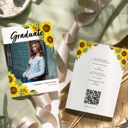 Sunflower Graduation Photo Rustic Floral QR Code Einladung