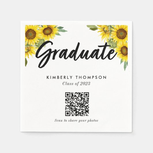 Sunflower Graduation QR Code Party Photo Share Serviette (Vorderseite)