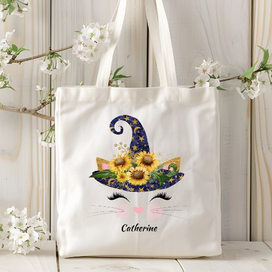 Sunflower Halloween Witch Cat Kitty Personalized Tragetasche