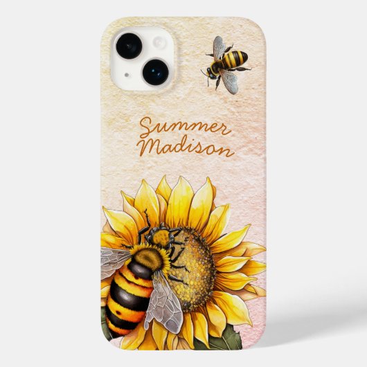 Sunflower Honey Bees Summer Floral Script Name Case-Mate iPhone Hülle (Rückseite)
