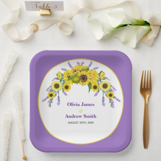 Sunflower & Lavender Vintage Floral Purple Wedding Pappteller (Hochzeit)