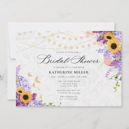 Sunflower Lilac String Lights Rustic Bridal Shower Einladung (Vorderseite)