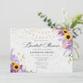 Sunflower Lilac String Lights Rustic Bridal Shower Einladung (Stehend Vorderseite)