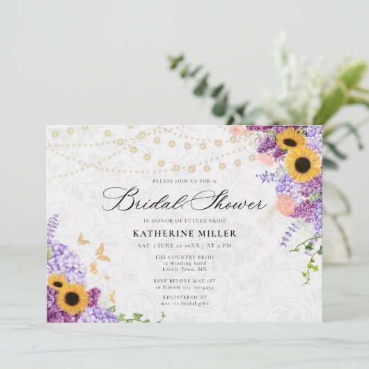 Sunflower Lilac String Lights Rustic Bridal Shower Einladung (Stehend Vorderseite)
